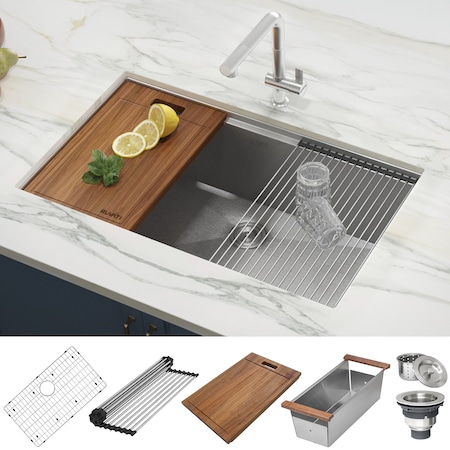 Ruvati 32" Workstation Ledge Tight Radius Undermnt 16Ga Kitchen Sink Sgl Bowl RVH8301